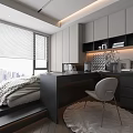 Tatami Bedroom Modern Interior Design With City View Window Built in Desk And Storage Cabinets