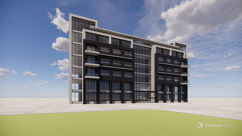 Modern Multi Storey Office Building with Glass Curtain Wall Blue Sky and Green Lawn 3d model 