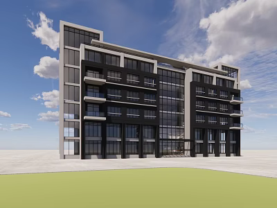Modern Multi Storey Office Building with Glass Curtain Wall Blue Sky and Green Lawn 3d model
