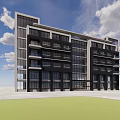 Modern Multi Storey Office Building with Glass Curtain Wall Blue Sky and Green Lawn