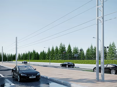 Modern Urban Road Infrastructure With Light Poles Trees And Moving Cars 3d model