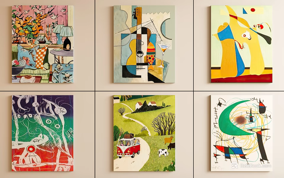 Six Oil Paintings With Varied Styles Displayed On Interior Wall 3d model 