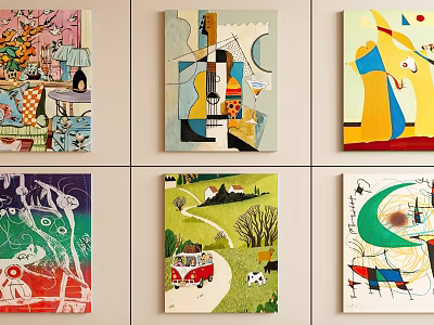 Six Oil Paintings With Varied Styles Displayed On Interior Wall 3d model