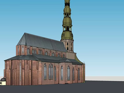 Historic Church Architecture With Red Brick Exterior Gray Roof And Tall Green Gold Tower 3d model