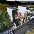 Modern Semi Detached Villa Exterior Design With Driveway Trees And Glass Windows
