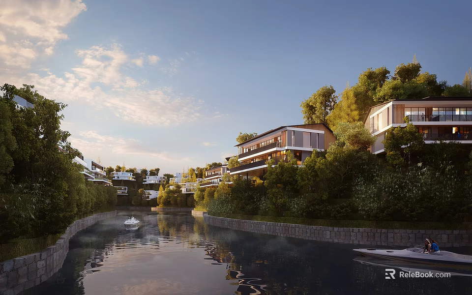 Serene Detached Villa Neighborhood Featuring Riverside Trees Water Reflections And Lush Greenery 3d model 