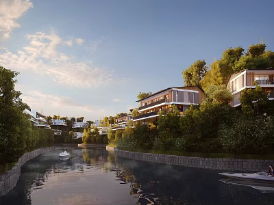 Serene Detached Villa Neighborhood Featuring Riverside Trees Water Reflections And Lush Greenery 3d model