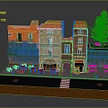 Miniature Model Scene With Orange House Beige Building Tables Chairs Tree And Street Lamps