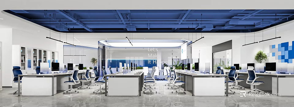 Modern Public Office Space with Open Layout Desks Office Chairs Computers and Green Plants 3d model 