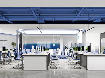 Modern Public Office Space with Open Layout Desks Office Chairs Computers and Green Plants 3d model