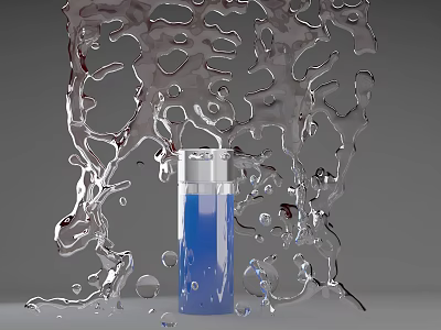 Artistic Blue Cosmetic Bottle With Silver Liquid Splash On Gray Background 3d model