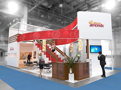 California Almonds Exhibition Booth With White Red Design Staircase And Reception Desk 3d model