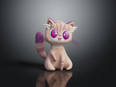 Cute Cartoon Cat Character 3D Model With Big Purple Eyes And Pink Purple Striped Fur 3d model