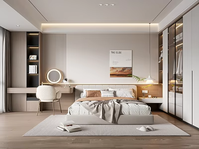 Modern Minimalist Bedroom Interior With Large Bed Wardrobe And Decorative Painting 3d model