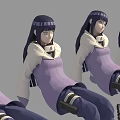 Game Movie Character In Purple Outfit With White Coat And Black Long Hair Multiple Poses