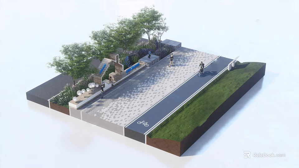 Municipal Road Design With Paved Walkway Green Belt Trees Cyclists And Pedestrians 3d model 