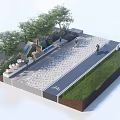 Municipal Road Design With Paved Walkway Green Belt Trees Cyclists And Pedestrians