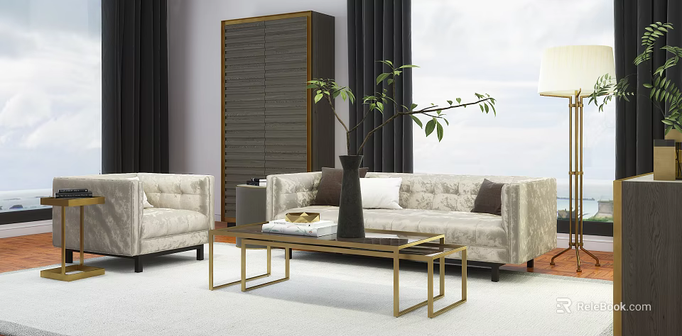 Modern Beige Sofa and Coffee Table Set with Golden Frame and Potted Plant Decor 3d model 