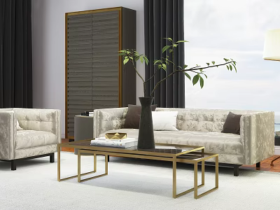 Modern Beige Sofa and Coffee Table Set with Golden Frame and Potted Plant Decor 3d model