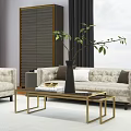 Modern Beige Sofa and Coffee Table Set with Golden Frame and Potted Plant Decor