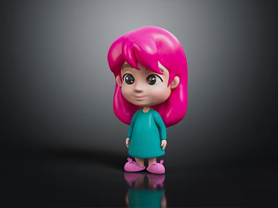 Cartoon Girl With Long Pink Hair Wearing Green Dress And Pink Shoes On Dark Background 3d model