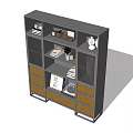 Modern Grey Bookcase With Multiple Open Shelves Woven Storage Baskets And Decorative Items 3d model