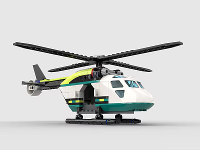 Building Blocks Ambulance Helicopter Model with Rotors Green White Body and Medical Rescue Design 3d model