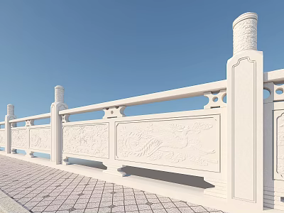 White Stone Fence With Intricate Dragon Phoenix Carvings By Paved Walkway 3d model