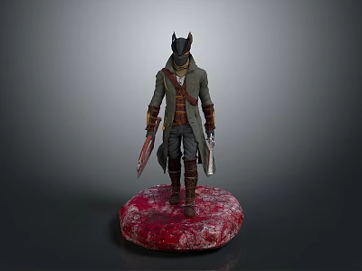 A Man Wearing Animal Mask And Long Coat Holding Weapons On Red Base 3d model