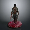 A Man Wearing Animal Mask And Long Coat Holding Weapons On Red Base