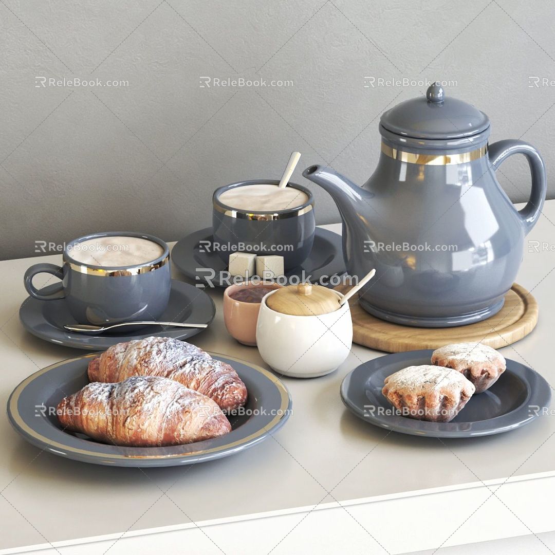 Tea Set Combination Tea Tea Tea Set Teapot Tea Cup Food Croissant Coffee Plate Ceramic Spoon 3d model