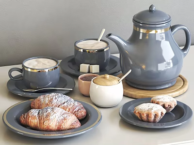 Tea Set Combination Tea Set Teapot Tea Cup Food Croissant Coffee Plate Ceramic Spoon 3d model
