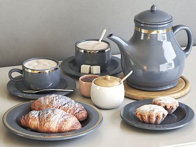 Tea Set Combination Tea Set Teapot Tea Cup Food Croissant Coffee Plate Ceramic Spoon model