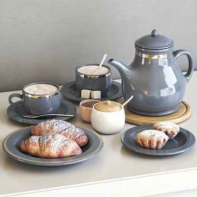 Gray Ceramic Teapot And Gold Rimmed Coffee Cups With Plates Croissants And Pastries 3d model