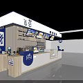 Modern Milk Tea Shop Interior With Blue And White Counter Menu Screens And Brand Logo