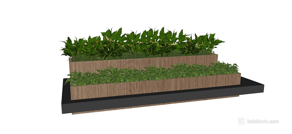 Layered Flower Planters With Green Plants And Wooden Texture For Outdoor Garden 3d model 