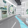 Tech Exhibition Hall With Curved Screen Showing Natural River And Green Mountains