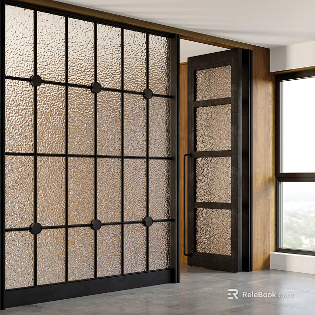 Modern Room Divider With Frosted Glass Grid Design Wooden Frame And Door 3d model 
