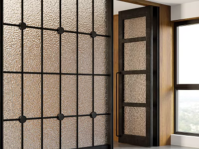 Modern Room Divider With Frosted Glass Grid Design Wooden Frame And Door 3d model