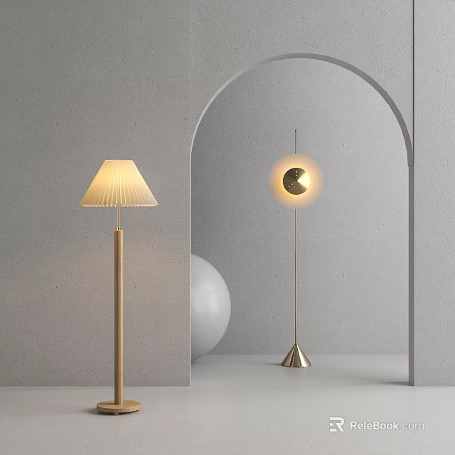Modern Floor Lamps With Pleated Shade Wooden Pole And Circular Moon Design Metallic Base 3d model 