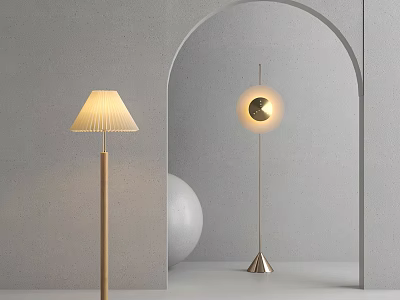 Modern Floor Lamps With Pleated Shade Wooden Pole And Circular Moon Design Metallic Base 3d model