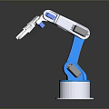 White and Blue Robot Arm with Base Joints on Dark Background Showing Reflection 3d model