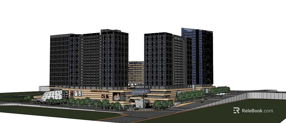 Modern Commercial Complex With High Rise Buildings And Glass Curtain Walls 3d model 