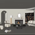 Elegant Modern Living Dining Room Interior With Beige Sofa Fireplace Round Coffee Table And Archway