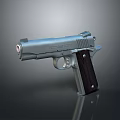 Classic Silver Metal Pistol With Wooden Grip Isolated On Gray Background