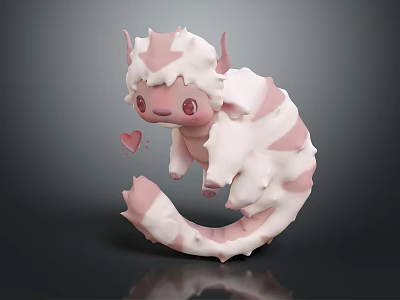 Adorable Fantasy Creature Character With Pink White Striped Fluffy Fur Red Eyes Horns And Heart 3d model