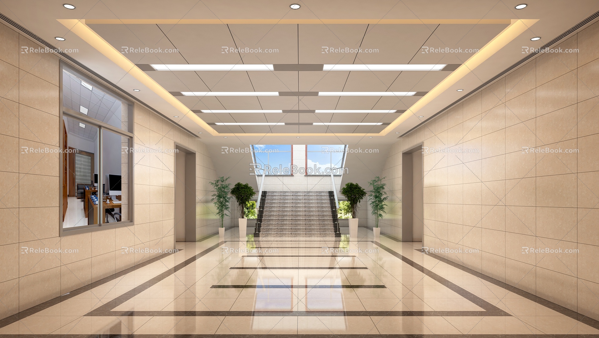 New Chinese-style Office Hall Entrance Stairs and Guard Room 3d model