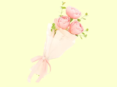 Beautiful Pink Roses Bouquet Wrapped in Pink Paper with Pink Bow on Light Yellow Background 3d model