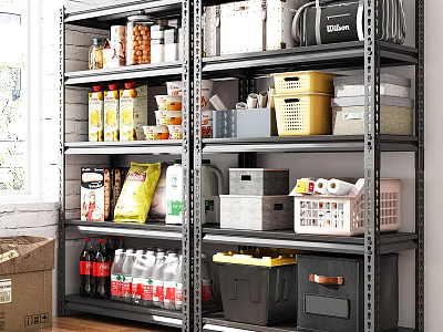 Industrial Metal Storage Shelf Organized Pantry With Food Supplies Beverages And Storage Bins 3d model