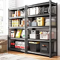 Industrial Metal Storage Shelf Organized Pantry With Food Supplies Beverages And Storage Bins